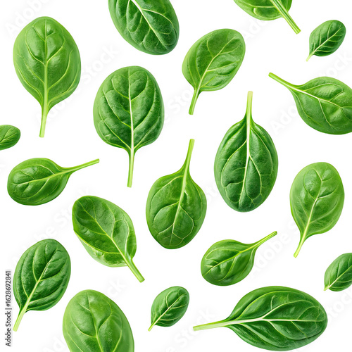Fresh green spinach leaves scattered and isolated on a transparent background for healthy food concepts isolated on transparent background