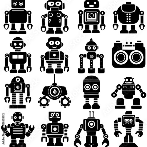 Sixteen black minimalist robot icons on white background robots android