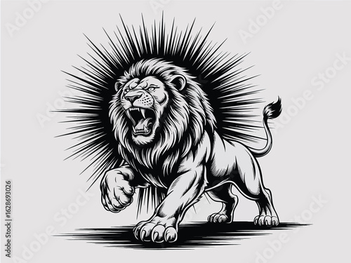 Roaring lion with spiky mane and aggressive stance on light background king of the jungle animal