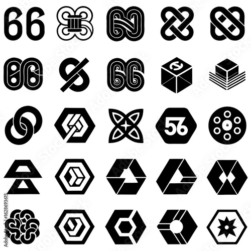 Grid of black geometric and numeric icons on white background