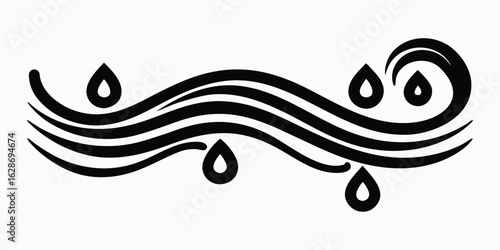 Vector art of abstract black wavy lines with water drops isolated on white background.