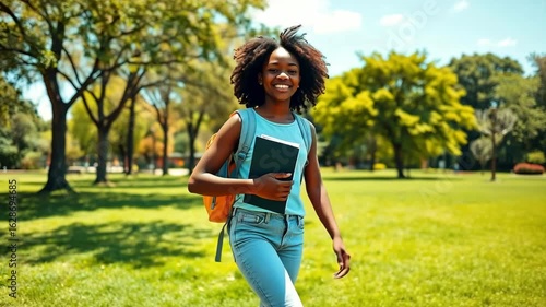 Smiling African American girl student hurrying to study, female student going to college or university after holidays