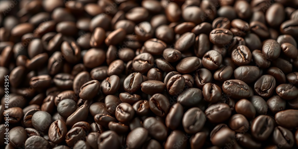 Fototapeta premium Dark roasted coffee beans, rich aroma, close-up, backdrop, image