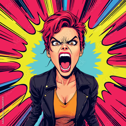 Vsai angry punk woman shouting with a colorful pop art background