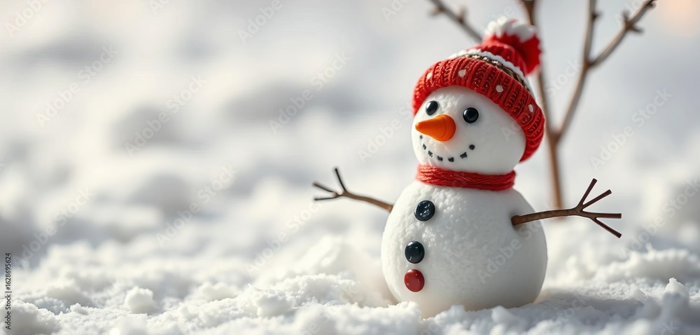 Fototapeta premium Miniature snowman with carrot nose in snowy scene, whimsical winter decor, design, hygge