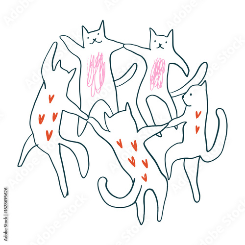 Cats Dancing in a Circle With Heart Spots on Their Bodies Funny Coven Magic Clip-art Illustration Round Dance Roundelay Isolated Print