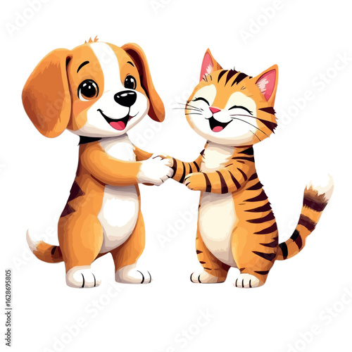 Vsai happy smiling puppy and kitten shaking hands, showing friendship and harmony