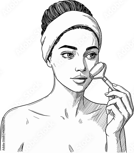 Woman using a facial roller while looking in the mirror at home  