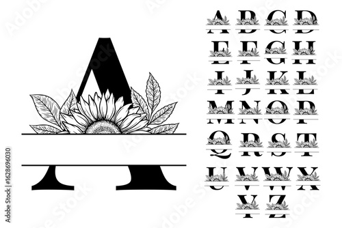 Sunflower split monogram design, alphabet letters A-Z decorated with floral illustration. Perfect for personalized gifts, farmhouse decor, wedding initials, cut file, family sign, and DIY crafts.