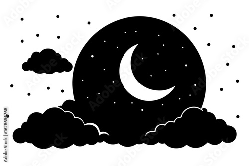 Night moon sky stars clouds dark crescent dreamy dreamy silhouette vector illustration