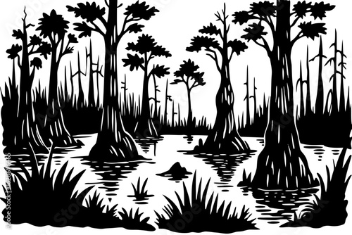 Swamp cypress trees water alligator nature landscape dark silhouette vector illustration