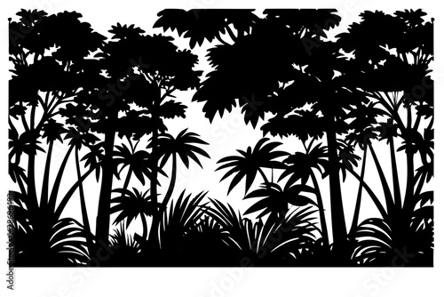Dense jungle forest trees palms foliage dark shadow silhouette vector illustration