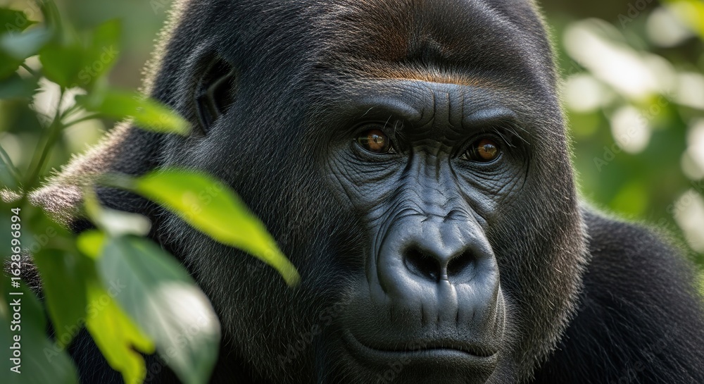 Obraz premium Close up portrait of a majestic silverback mountain gorilla in lush green jungle foliage