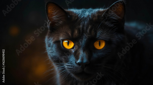Mysterious Black Cat with Yellow Eyes at Night