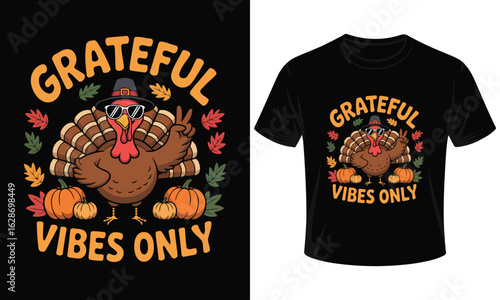 Thanksgiving t-shirt design with a cartoon turkey and autumn leaves