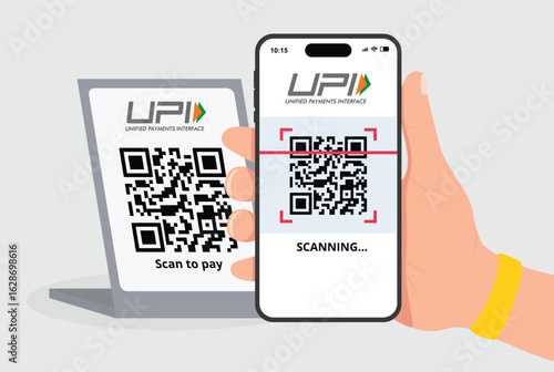 Scanning UPI QR code with smartphone for digital payment, flat vector illustration of hand holding phone scanning barcode at merchant standee, fintech, banking, and cashless India design