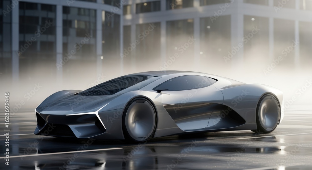 Fototapeta premium A futuristic silver sports car driving in the city on a foggy day, showcasing its sleek design. The car is parked with the urban city background in the fog