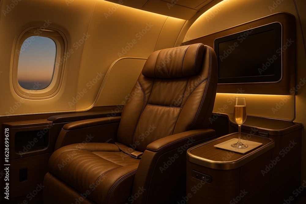Obraz premium Luxurious First Class Airplane Travel a Private Suite with Leather Seats and Personal Entertainment System for Relaxing Flight