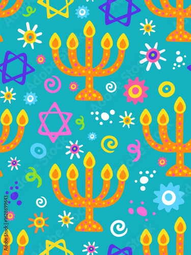 Wehanukkah seamless pattern flat menorah and star of david symbols on turquoise background colorful festive vector illustration
