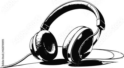 Headphones with microphone on black background for music and audio equipment