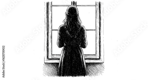 Woman standing alone by the window looking out  