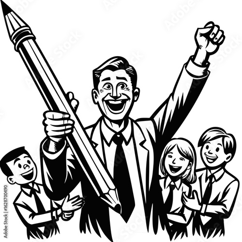 Visionary's Creative Triumph: A charismatic individual, flanked by a team of excited companions, holds a colossal pencil aloft, signifying the power of ideas and collaboration.