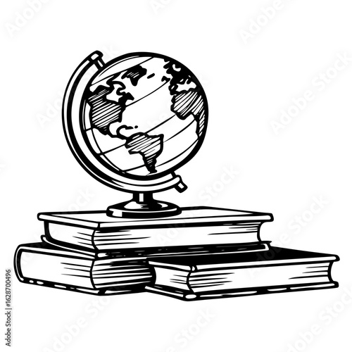 Globus on Books: A classic black and white illustration depicts a globe atop a stack of books. This graphic artwork evokes a sense of learning and knowledge.