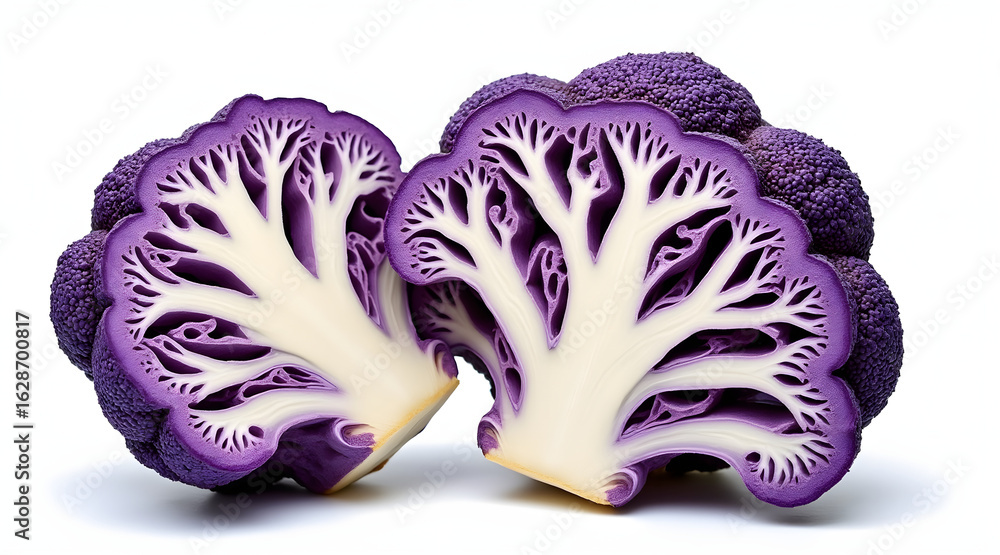 Obraz premium Purple cauliflower cross section showing intricate white branching pattern and vibrant purple florets, fresh and healthy vegetable close up
