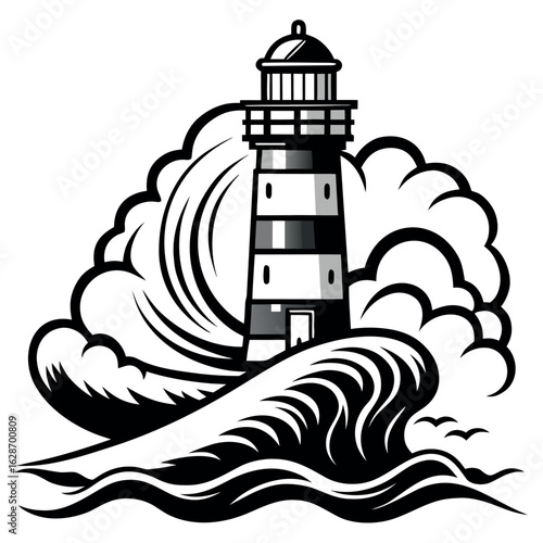 Art of lighthouse in stormy sea with crashing waves and birds isolated on white background