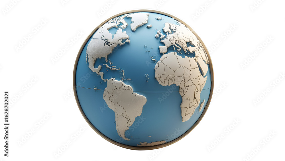 Fototapeta premium 3D Globe Icon featuring detailed continents in a high-quality rendering on a clean white background