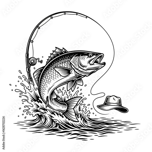 Jumping fish on a fishing rod. Vintage sport fishing logo illustration.