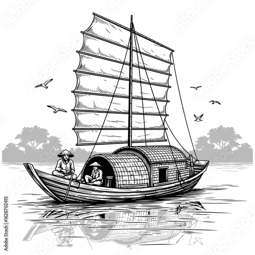 Fotografie Traditional Asian junk boat sailing