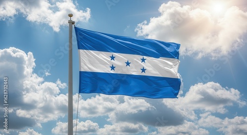 Honduras National Flag Waving on Tall Flagpole in Sky with Clouds – Honduras Independence Day Celebration, Patriotism, Freedom, Honduras Culture & Heritage