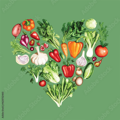 Heart-shaped fresh vegetables on green background