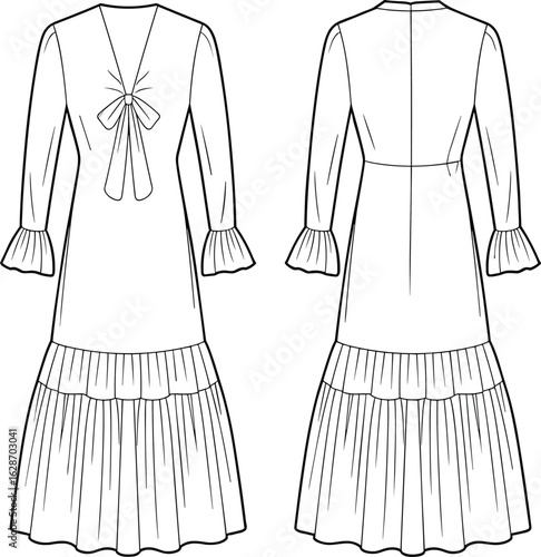 Chic women’s long sleeve dress flat sketch with bow detail, tiered skirt design, front and back fashion technical drawing illustration