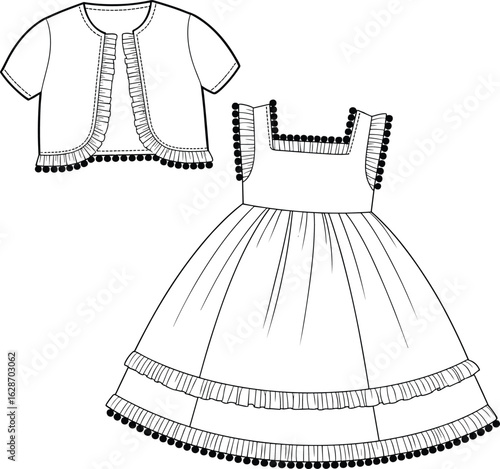 Cute girls dress and bolero flat sketch, pom pom trim detail, sleeveless dress design, front fashion technical drawing illustration