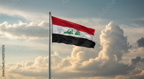 Iraq National Flag Waving on Tall Flagpole in Sky with Clouds – Iraq Independence Day Celebration, Patriotism, Freedom, Iraqi Culture & Heritage
