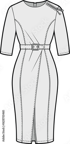 Elegant midi dress fashion sketch with belt and half sleeves, fitted pencil silhouette technical drawing for women’s apparel design
