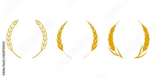 Collection of golden wheat laurel wreaths in different styles. Perfect for use in logos, award certificates, branding design projects. Vector illustration