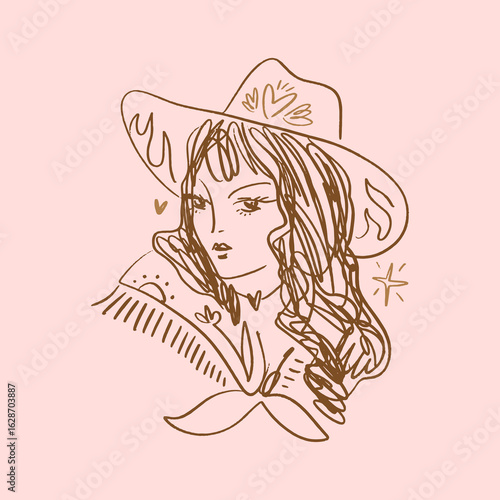 Cowgirl Portrait With Star Elements Boho Art Cute Girly Vector Clipart