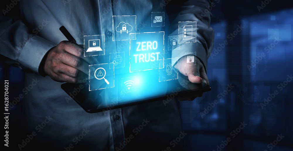 Obraz premium Zero trust model enhances data protection. Zero trust blocks unauthorized access, secures devices, zero trust defends networks, and zero trust verifies users continuously. Vouch
