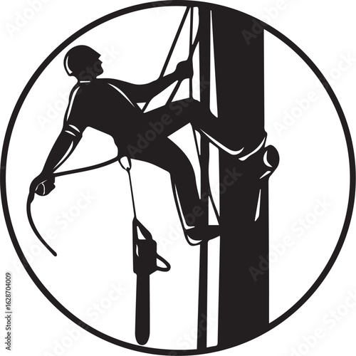 Vector art of silhouette of an arborist climbing a tree in a circle design