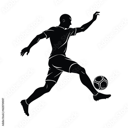 Soccer player kicking football  during a game  of a Silhouette Vector illustration. 