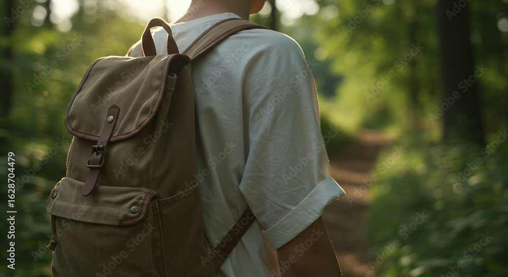 Fototapeta premium Person with loose shirt and canvas backpack hiking in forest, neck down