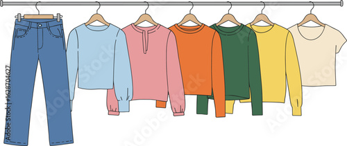 Minimal clothing rack with colorful tops and jeans, casual wardrobe flatlay, fashion illustration, everyday outfit ideas, closet inspiration