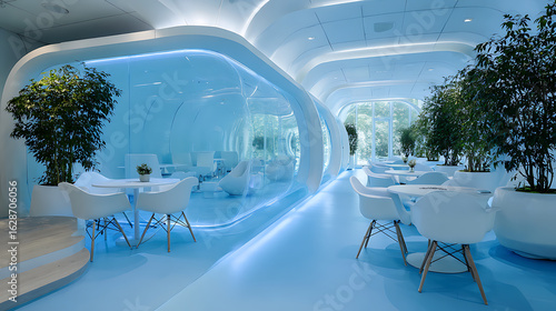 Fototapeta Futuristic interior design restaurant cafe with white furniture and blue lighting modern architecture