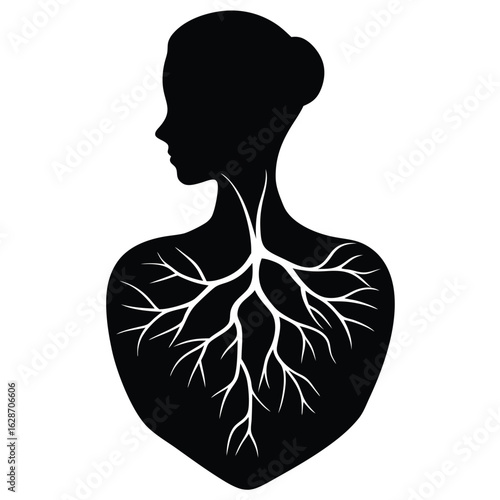 Black silhouette woman torso with white branching veins