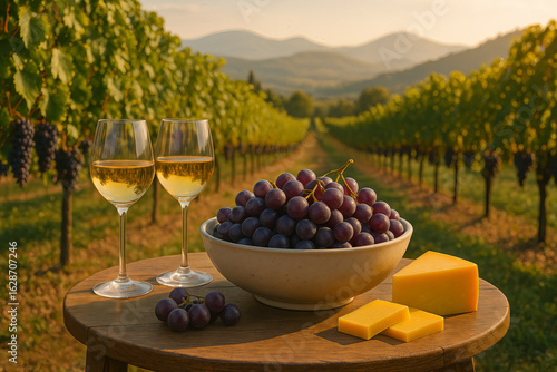 Non Alcoholic Wine, Red Grapes and Cheese on Table in Rural Vineyard