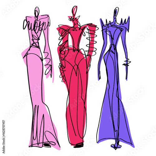 Fast Fashion Sketches Elegant Dress Silhouettes Hand Drawn Style Color Fashion Show Week Clipart