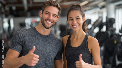 A smiling man and woman giving thumbs up in a gym with exercise equipment in the background